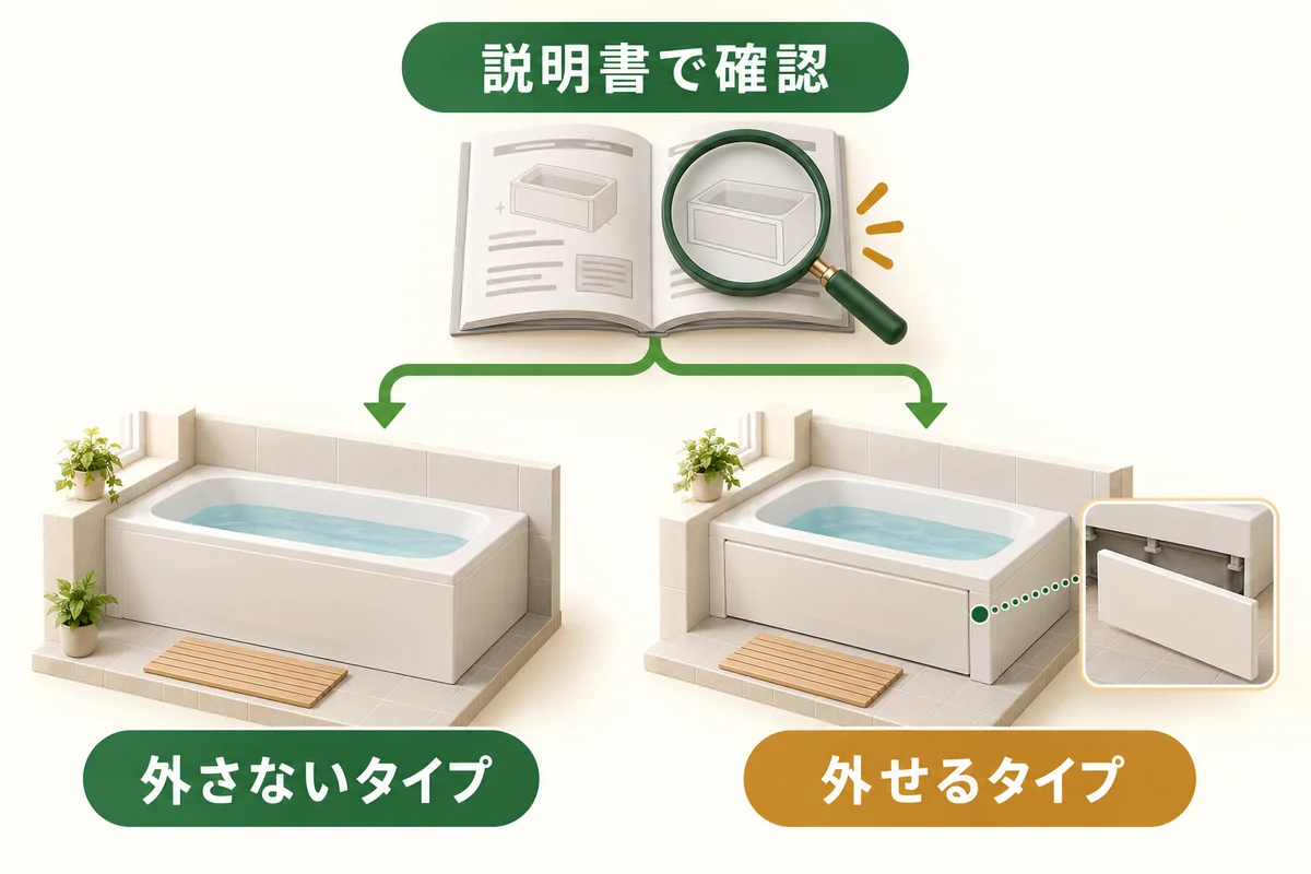 説明書を確認し、エプロンを外さないタイプと外せるタイプを見分ける図。