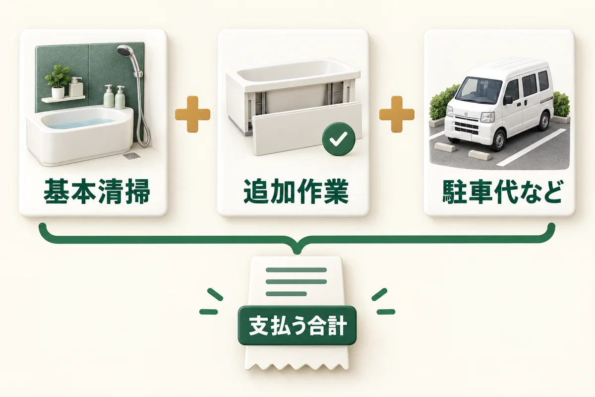 基本清掃、選んだ追加作業、駐車代などを合わせて支払額を確かめる図。