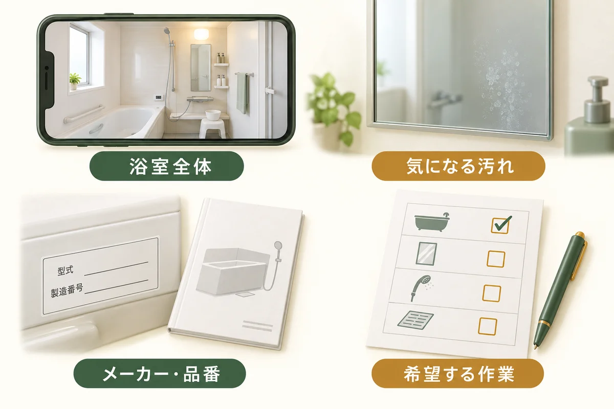 見積もり前に用意する、浴室全体、気になる汚れ、メーカーと品番、希望する作業の4項目。