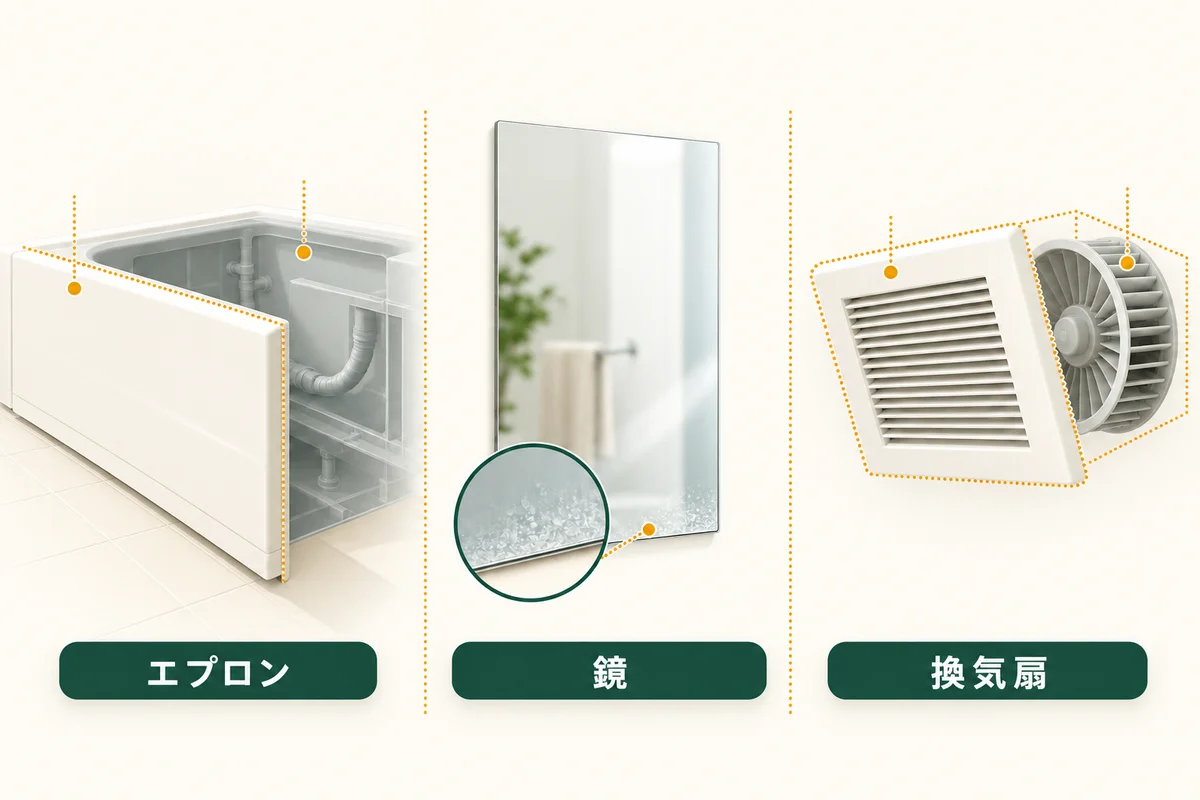 エプロンの表面と内部、鏡と水アカ、換気扇のカバーとファンを分けて示した図。