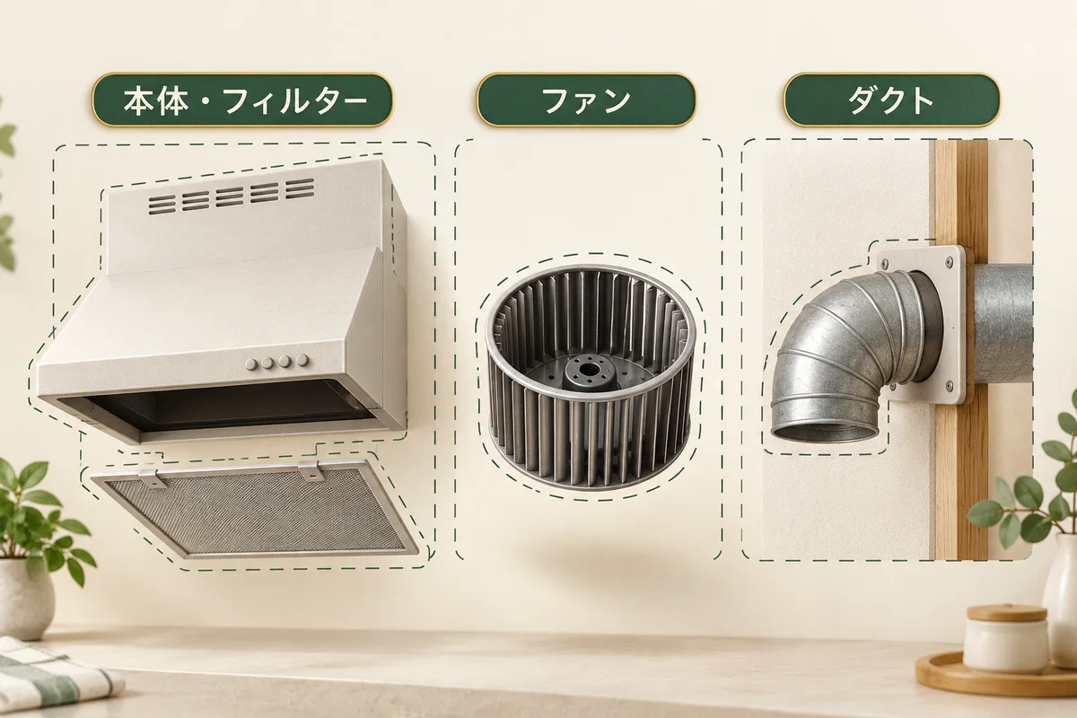 本体カバー、筒状のファン、屋外へ続くダクトを分けた図