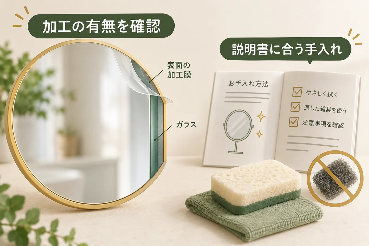 説明書と鏡表面の薄い加工層、柔らかいスポンジを示す図