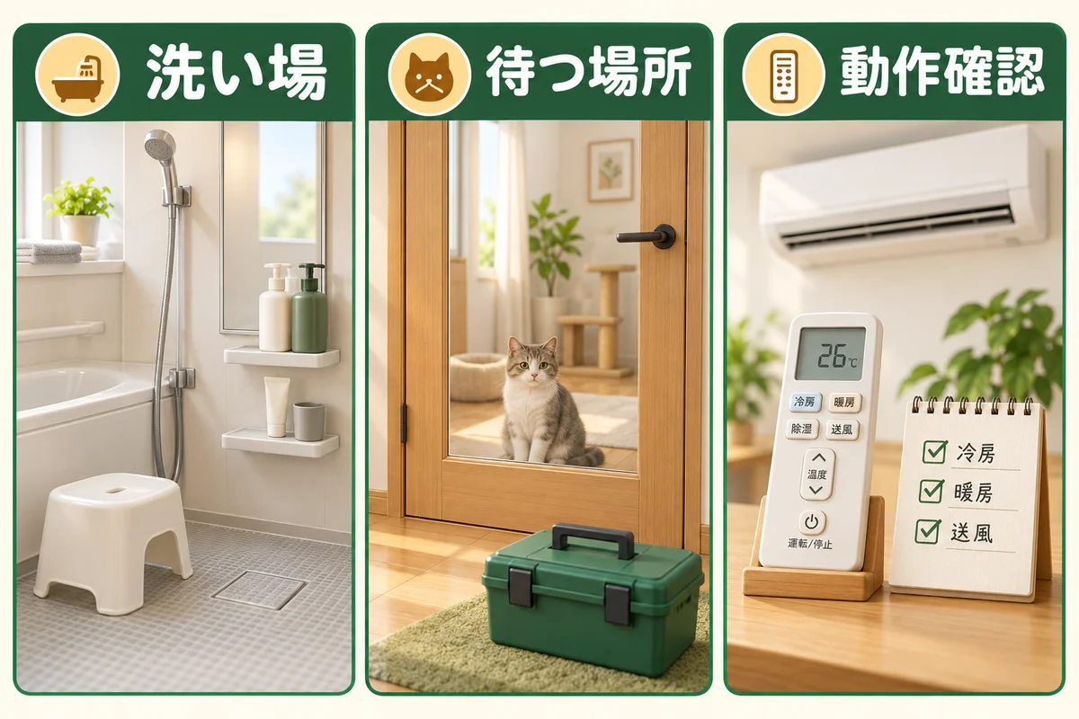 部品の洗い場、作業場所と離れた待機場所、リモコンでの確認を示す図