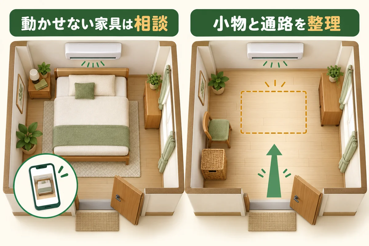 動かせない家具を写真で相談し、動かせる小物と通路を整理する図