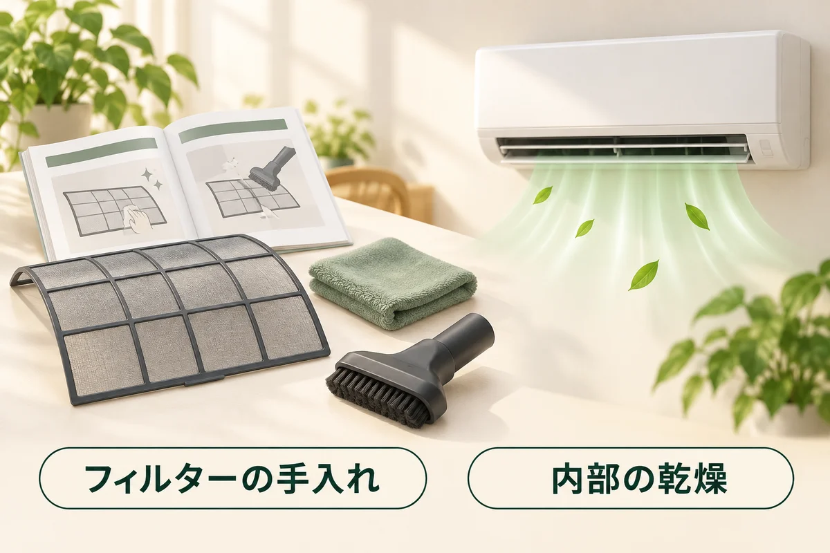 フィルターを手入れする道具と、内部を乾燥させる機能を分けた図