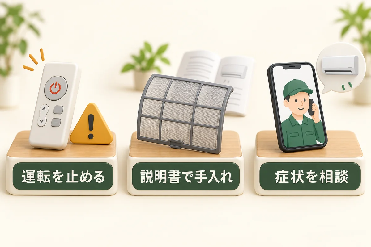 運転停止、説明書に沿った手入れ、症状の相談を分けた概念図