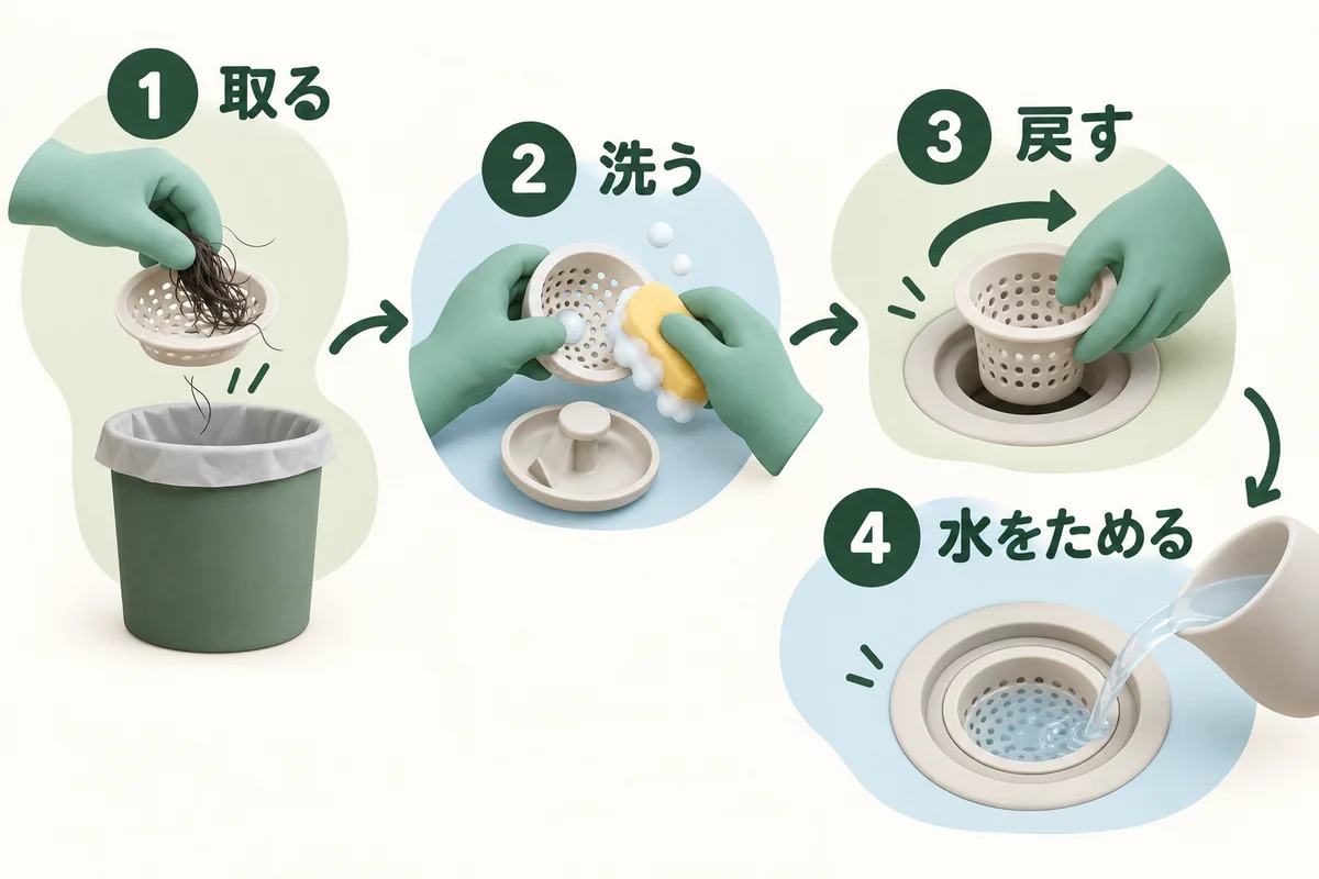 髪を取る、部品を洗う、元に戻す、水をためる手順の図