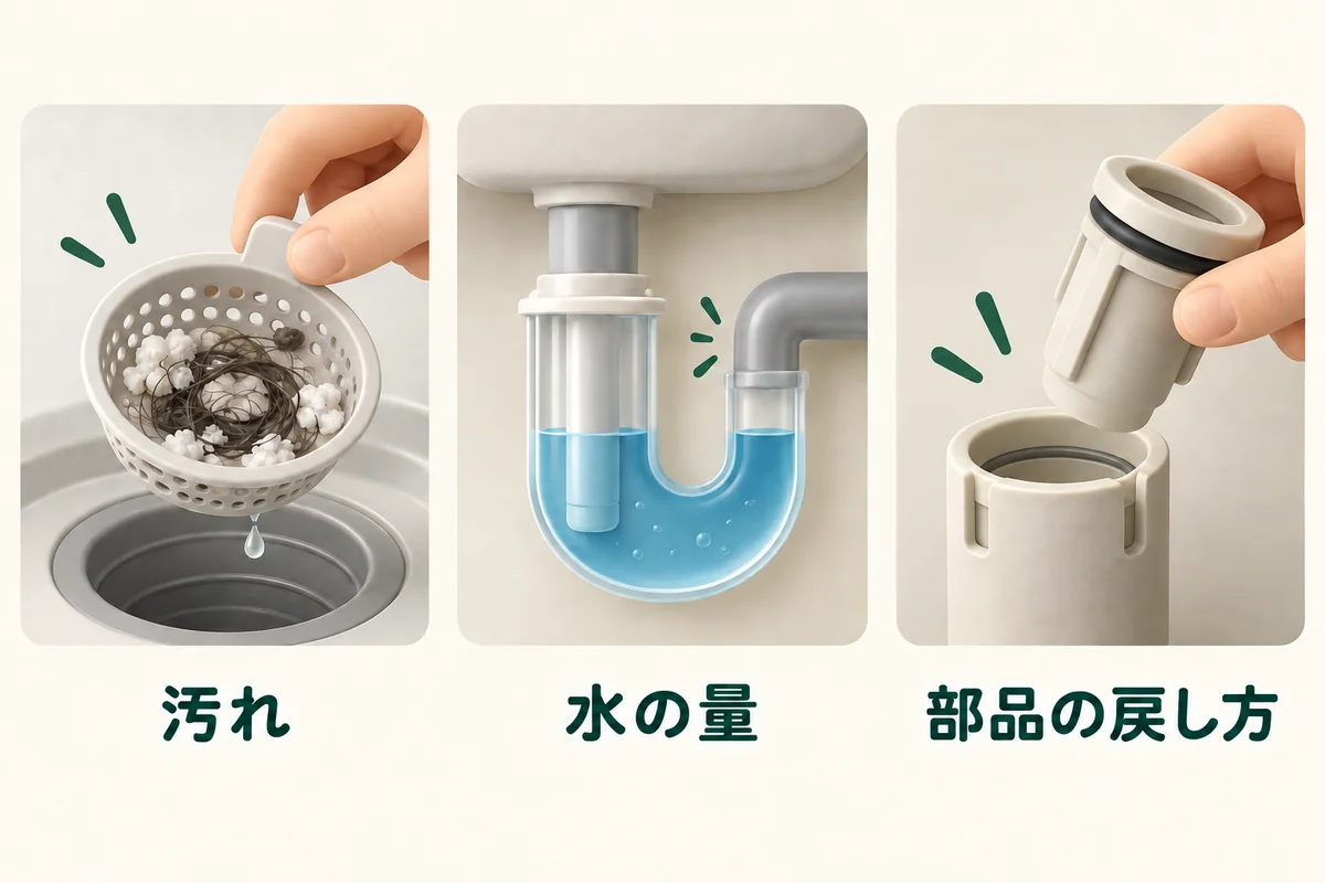 髪の毛の汚れ、トラップ内の水、封水筒の取り付けを確かめる3つの視点