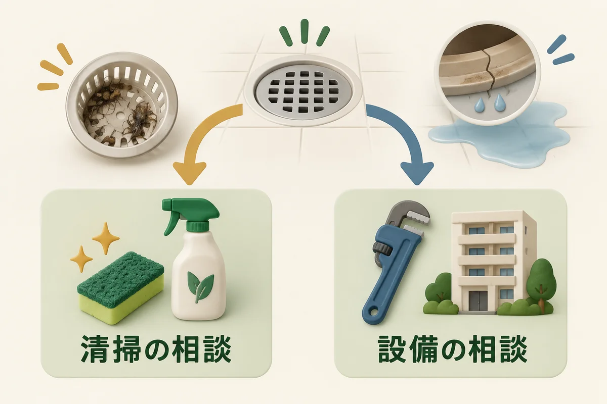 取り外せる部分の汚れは清掃、部品や排水異常は設備へ相談する図