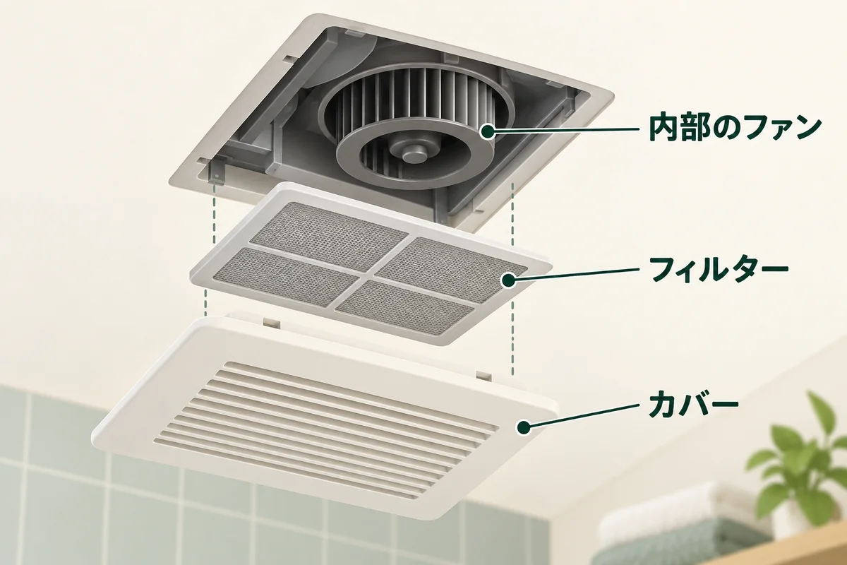 浴室乾燥機のカバー、フィルター、内部ファンの位置関係を示す概念図