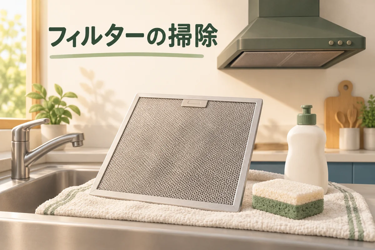 金属フィルター、柔らかいスポンジ、中性洗剤を並べた清掃イメージ