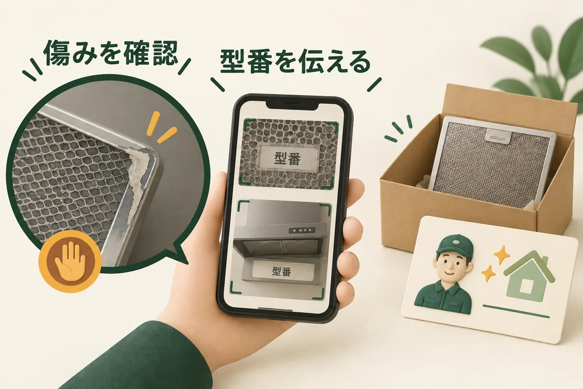 剥がれたフィルターの表面と型番の写真を確認して相談するイメージ