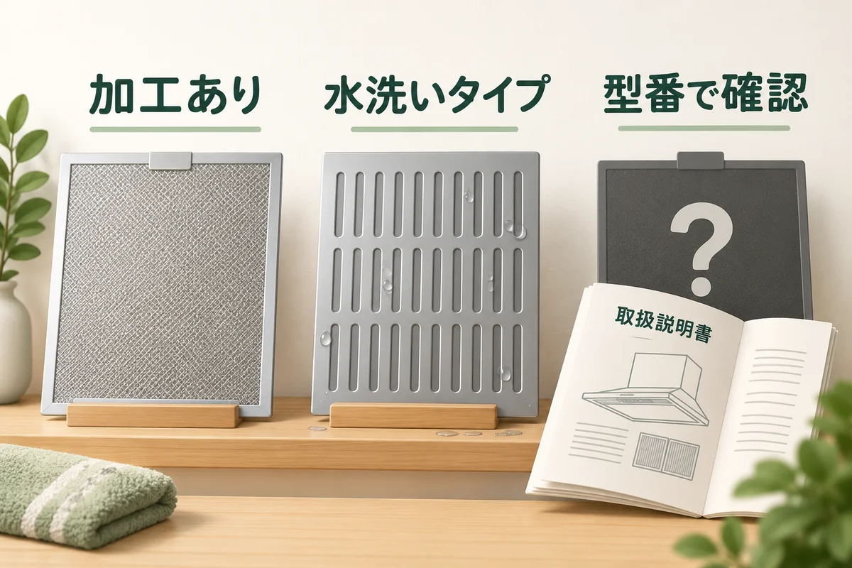 加工の異なるフィルターと型番に合う説明書を照合するイメージ