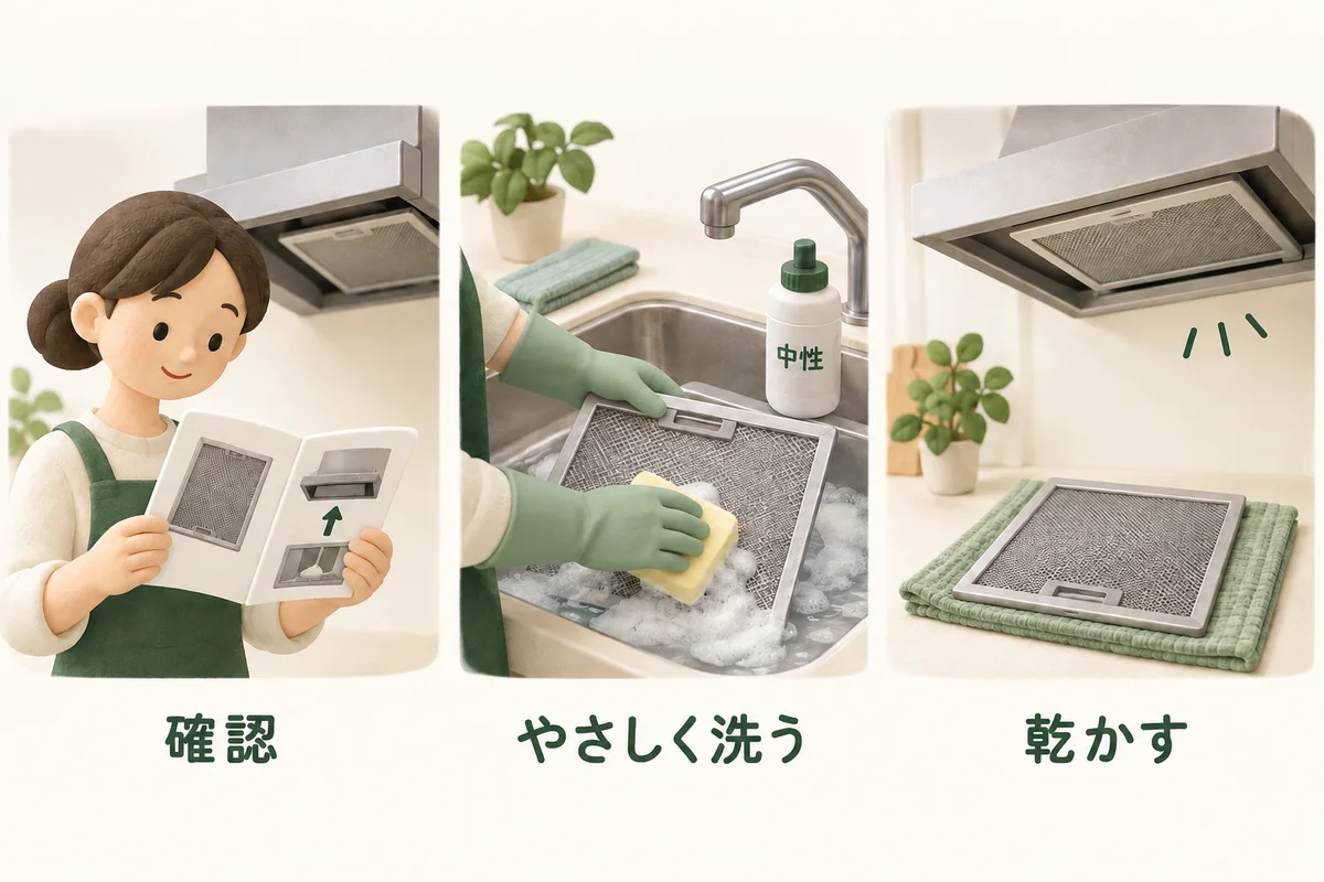 説明書の確認、中性洗剤での洗浄、乾燥の流れを示す図