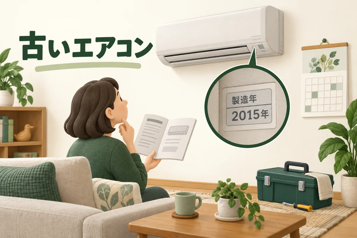古いエアコンの製造年表示と説明書を確認するイメージ