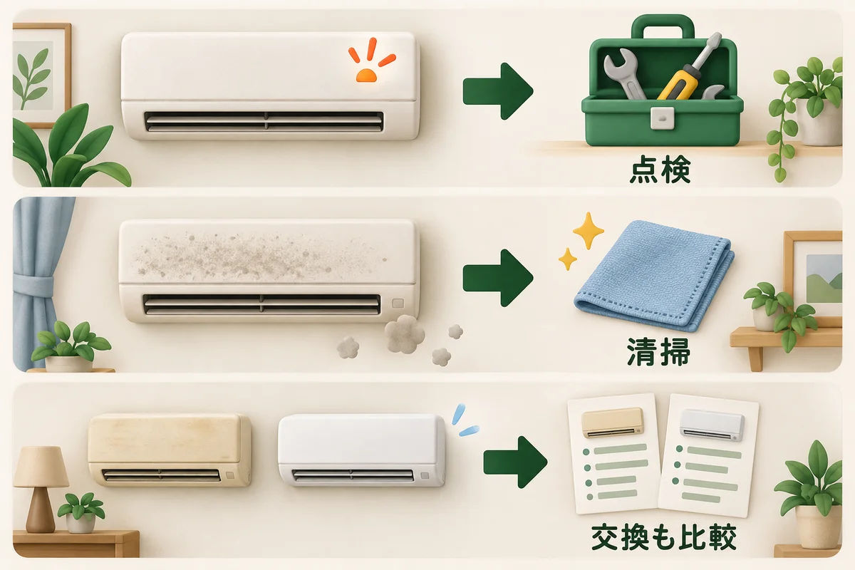 異常の点検、汚れの清掃、交換の比較を分けた判断図