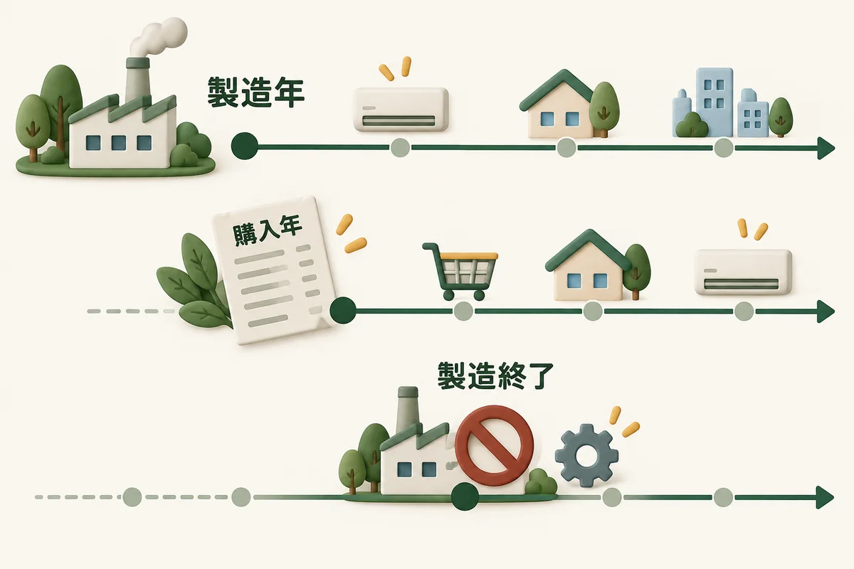 製造年、購入年、製造終了で期間の起点が違うことを表した概念図