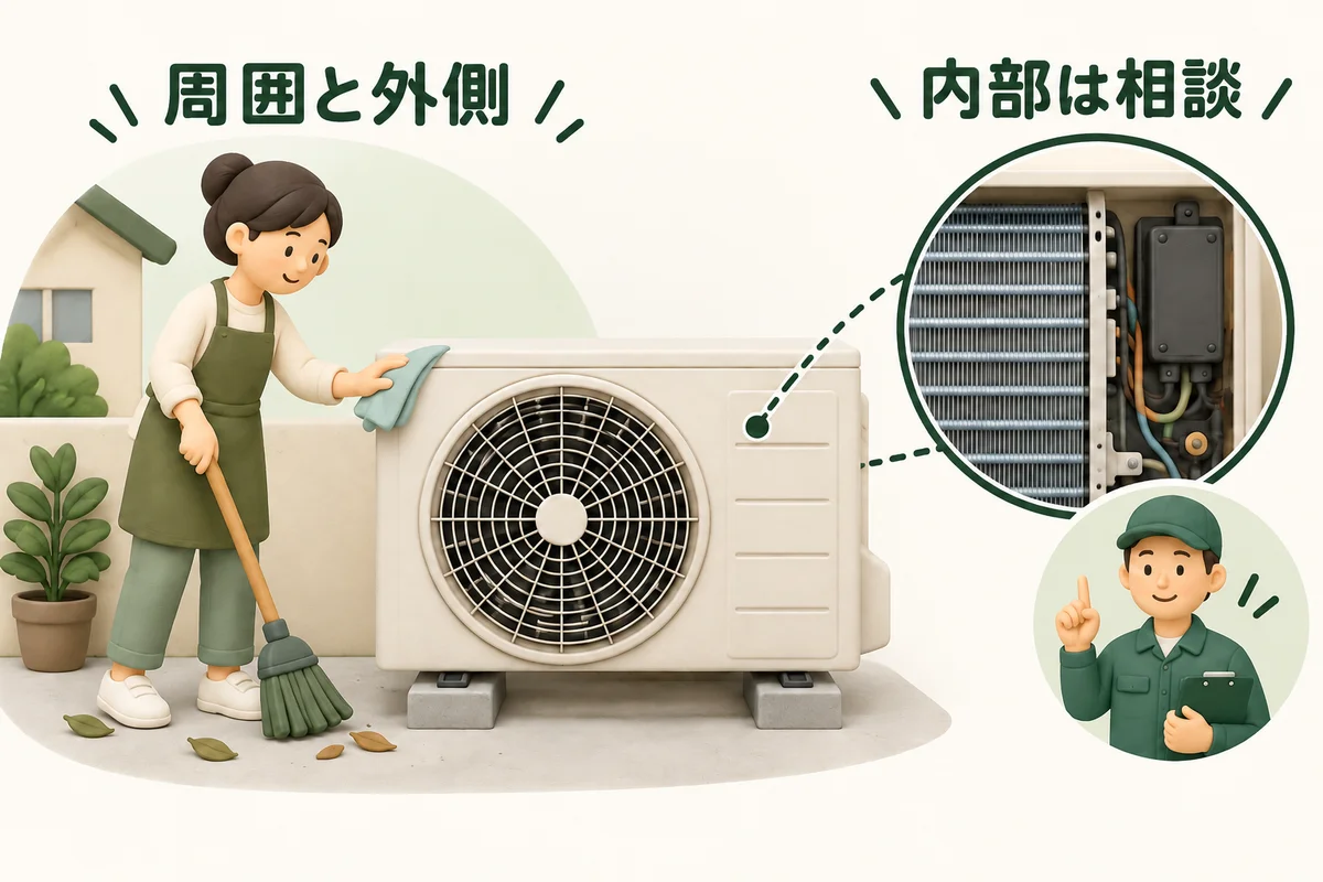 室外機を動かさず、周辺の落ち葉を拾って外装を柔らかい布で拭く説明図