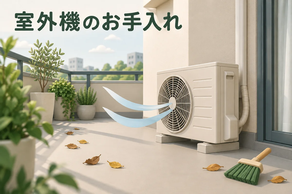 室外機の風通しと周囲の落ち葉を確認するイメージ