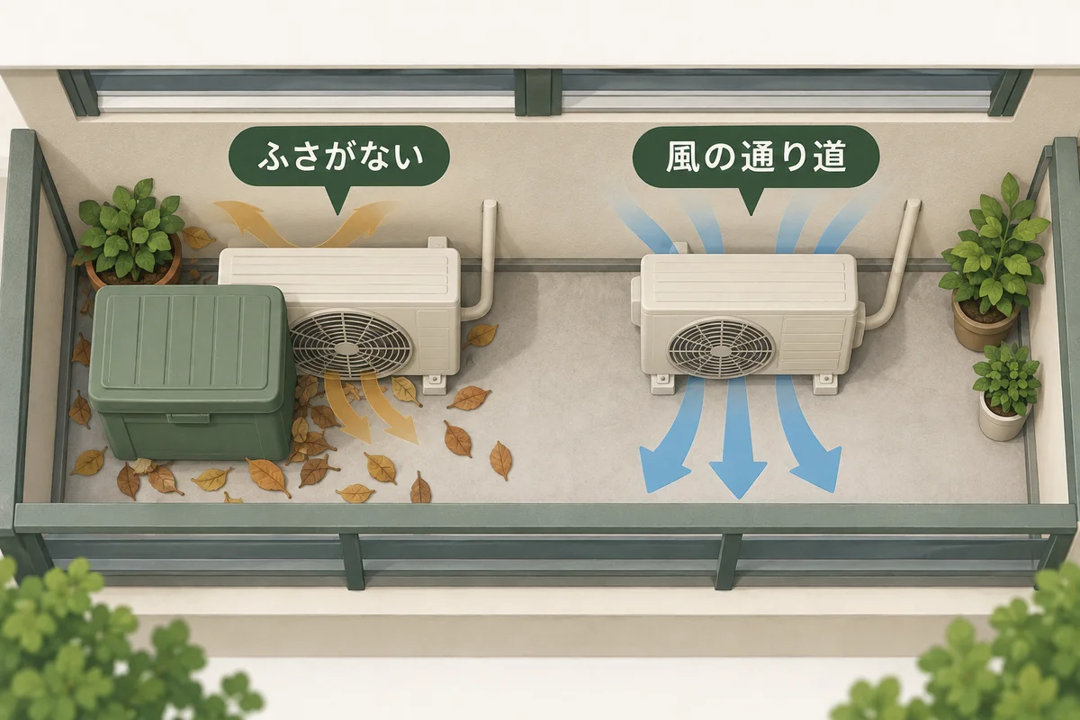 室外機の背面や側面の吸込み側と、前面の吹出し側を示す概念図