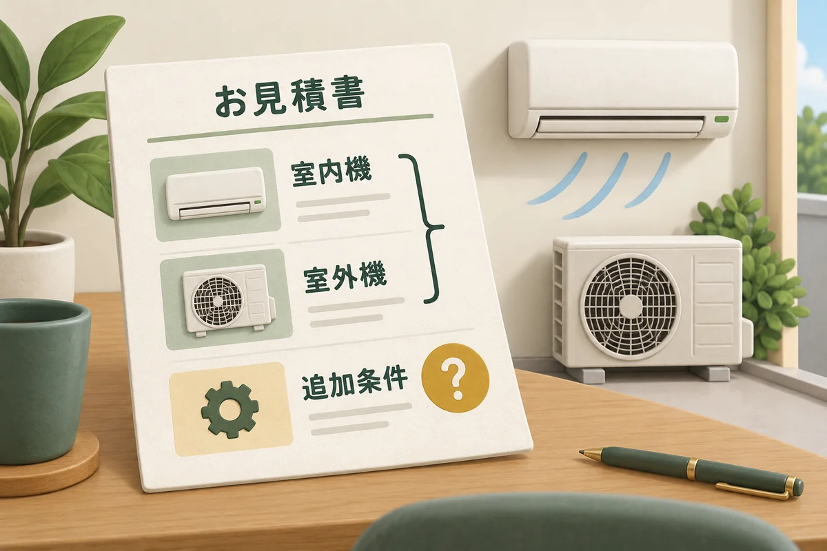室外機の追加清掃と単独依頼の料金・作業条件を見積書で比べる図