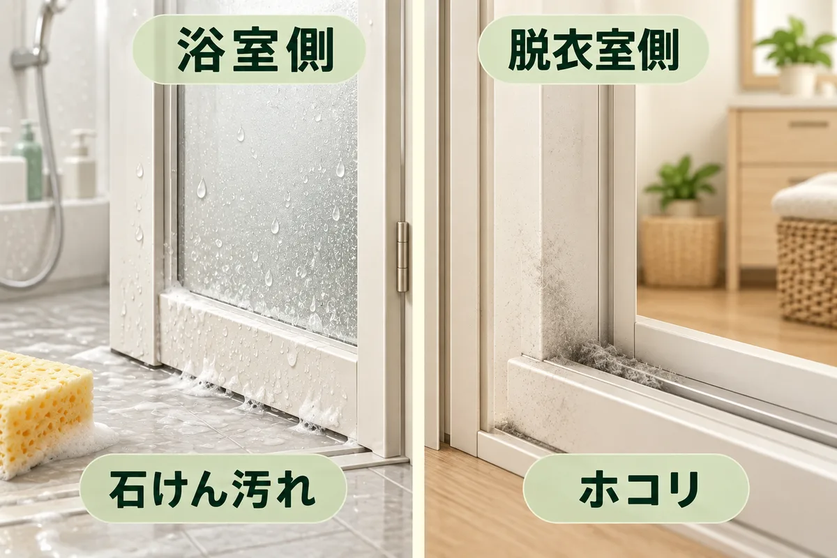 同じドアの浴室側の石けん汚れと脱衣室側のホコリを見比べる図