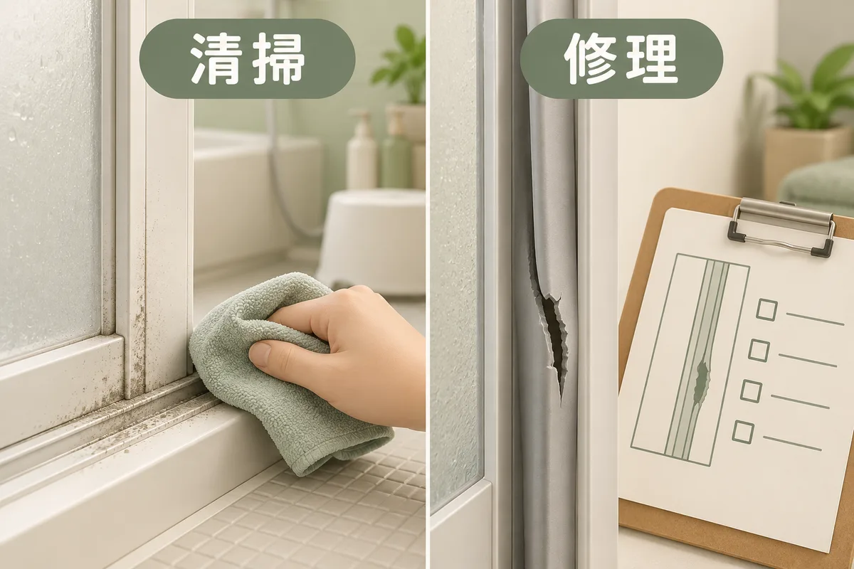 ドアの汚れを扱う清掃と壊れたパッキンを扱う修理を分けた図