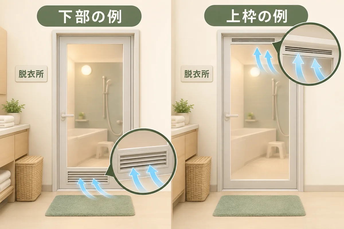 ドア下の格子と上枠の換気口を異なる構造の例として並べた図
