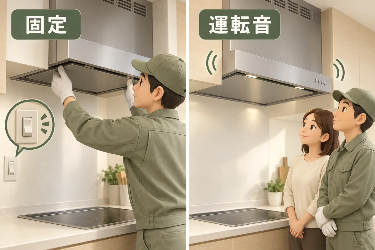安全に空けたコンロ周辺と、清掃後に固定と音を確認する場面の図