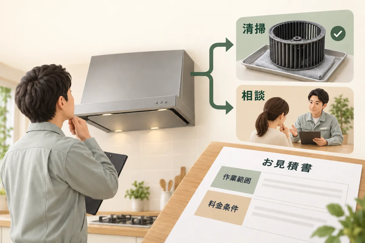 取り外せる場合の清掃と、外れない場合の相談を二方向に分けた図