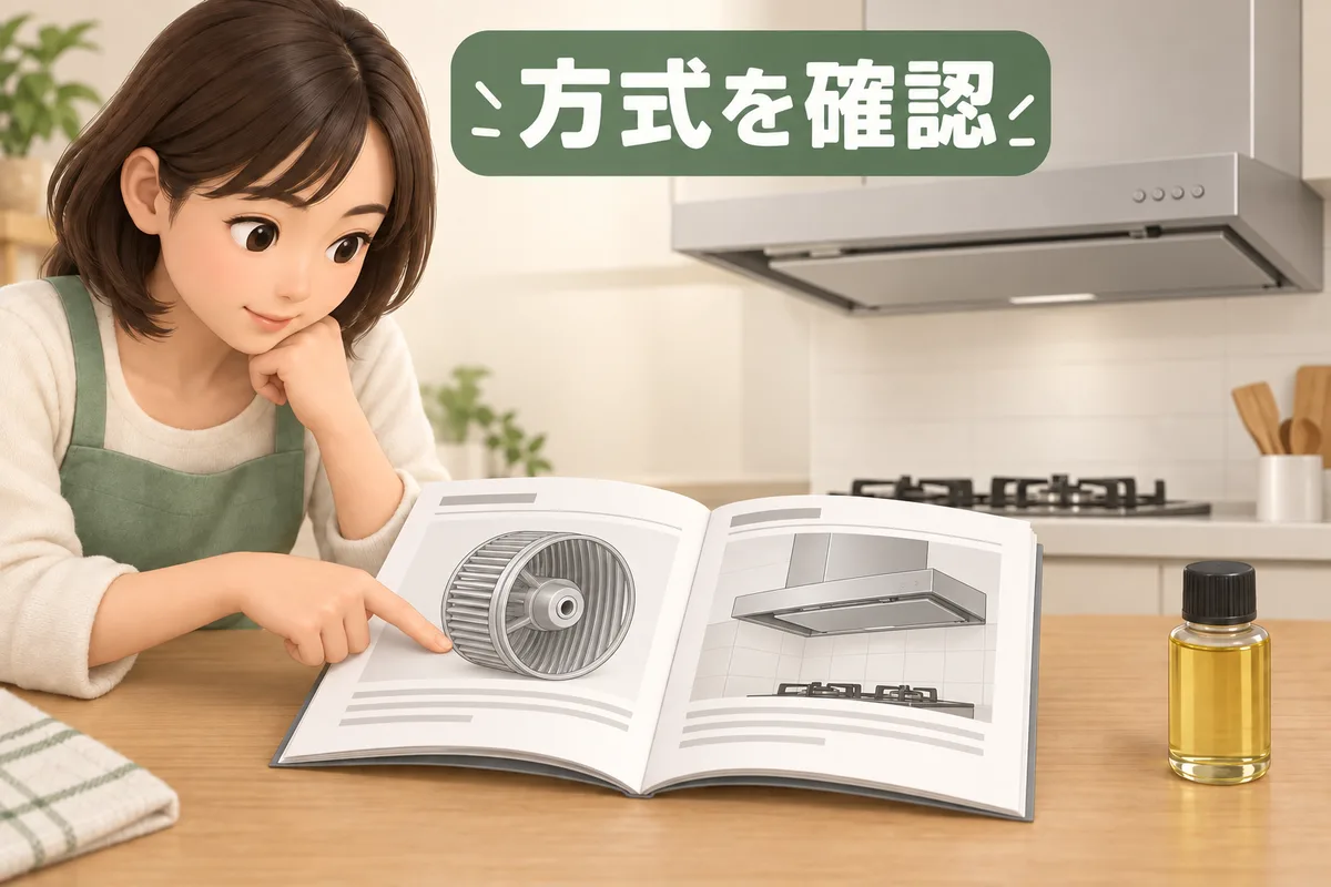潤滑剤を使う前にレンジフードの説明書とファンの方式を確認する図