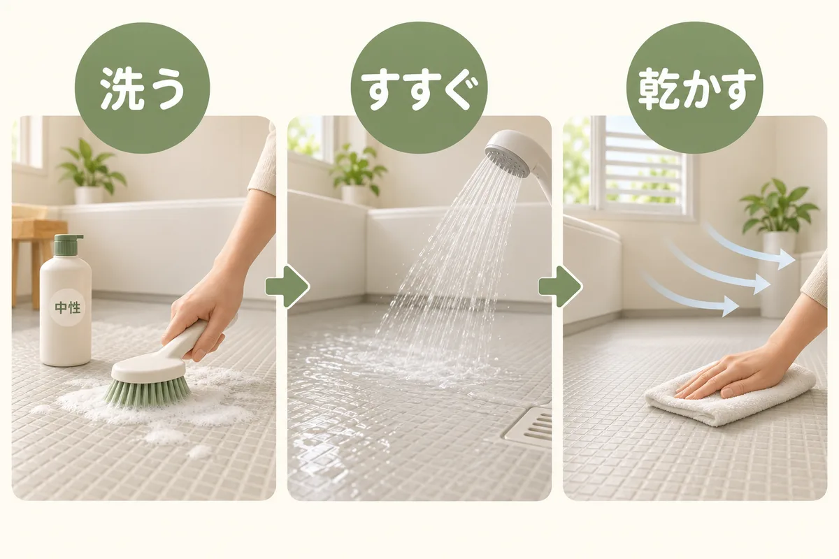 中性洗剤、柔らかいブラシ、すすぎを別の段階として示した図