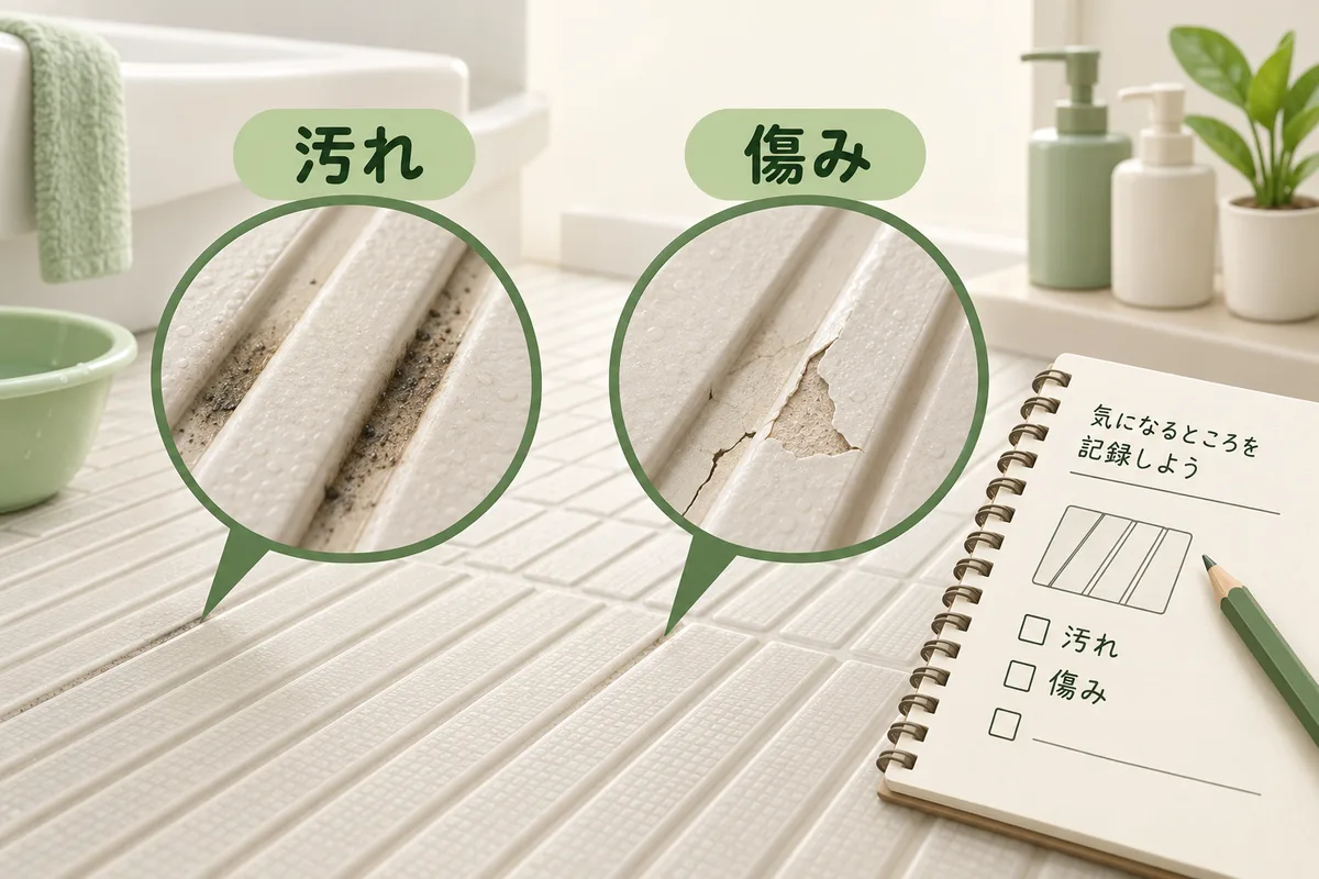 床の溝の汚れと表面のひびを別の拡大窓で示す概念図