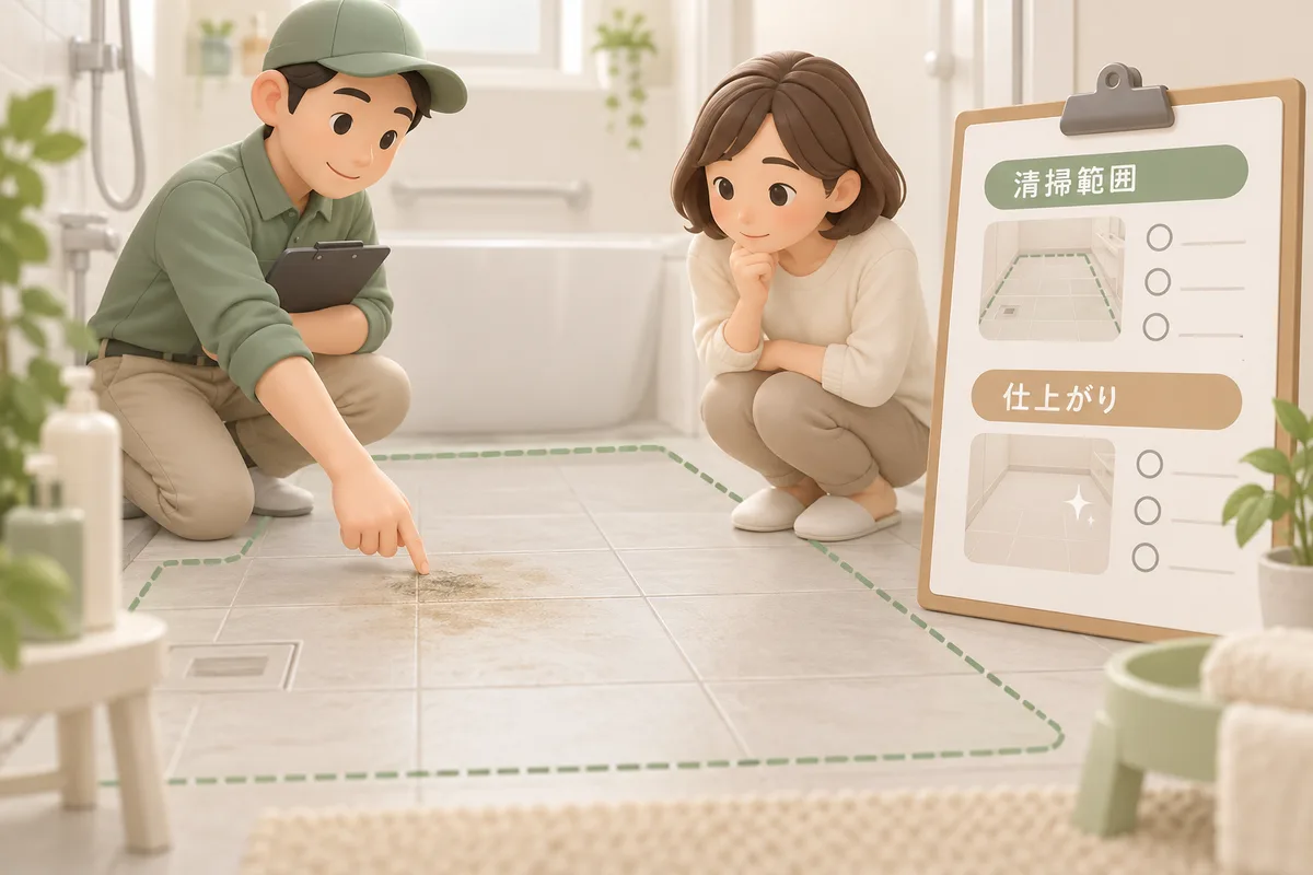 浴室の床の対象範囲と見積もり、仕上がり確認を結びつけた図