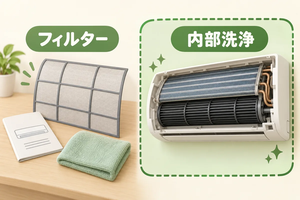 家庭で取り外せるフィルターと専門家が扱う内部を分けた概念図