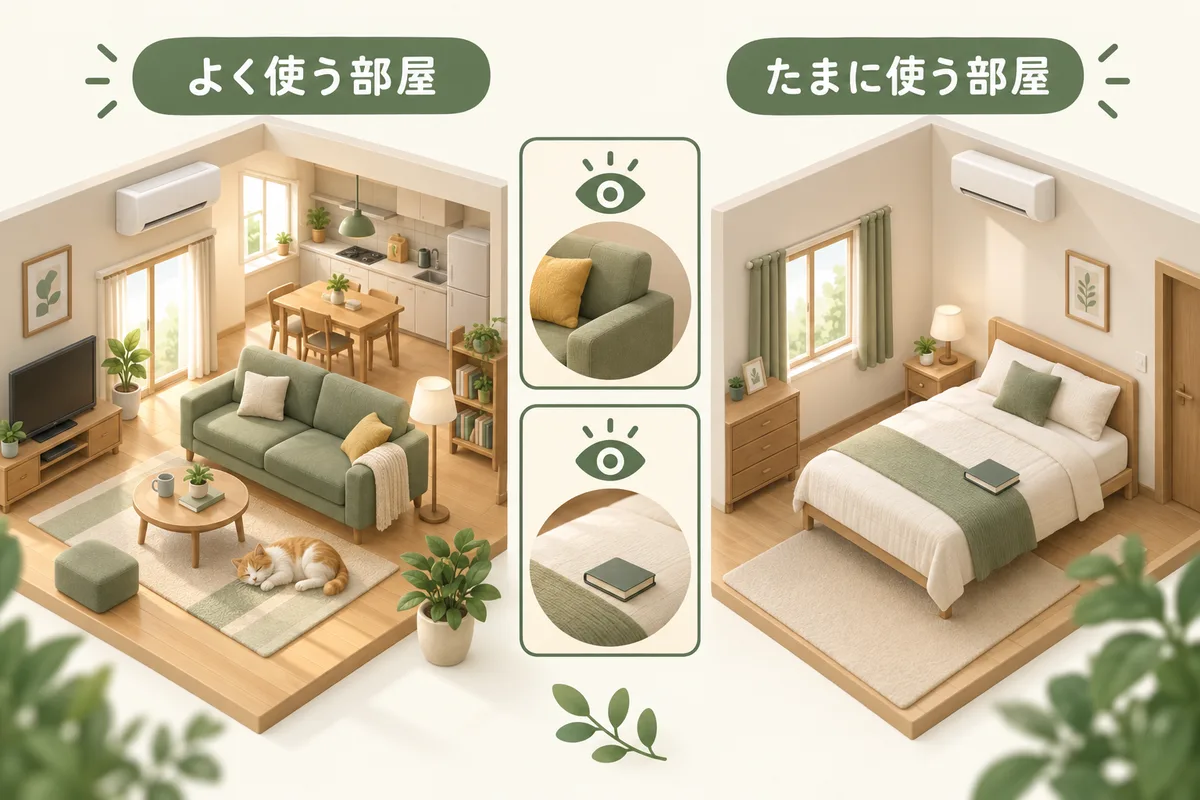 長時間使う居間とたまに使う客間を別々に記録する図