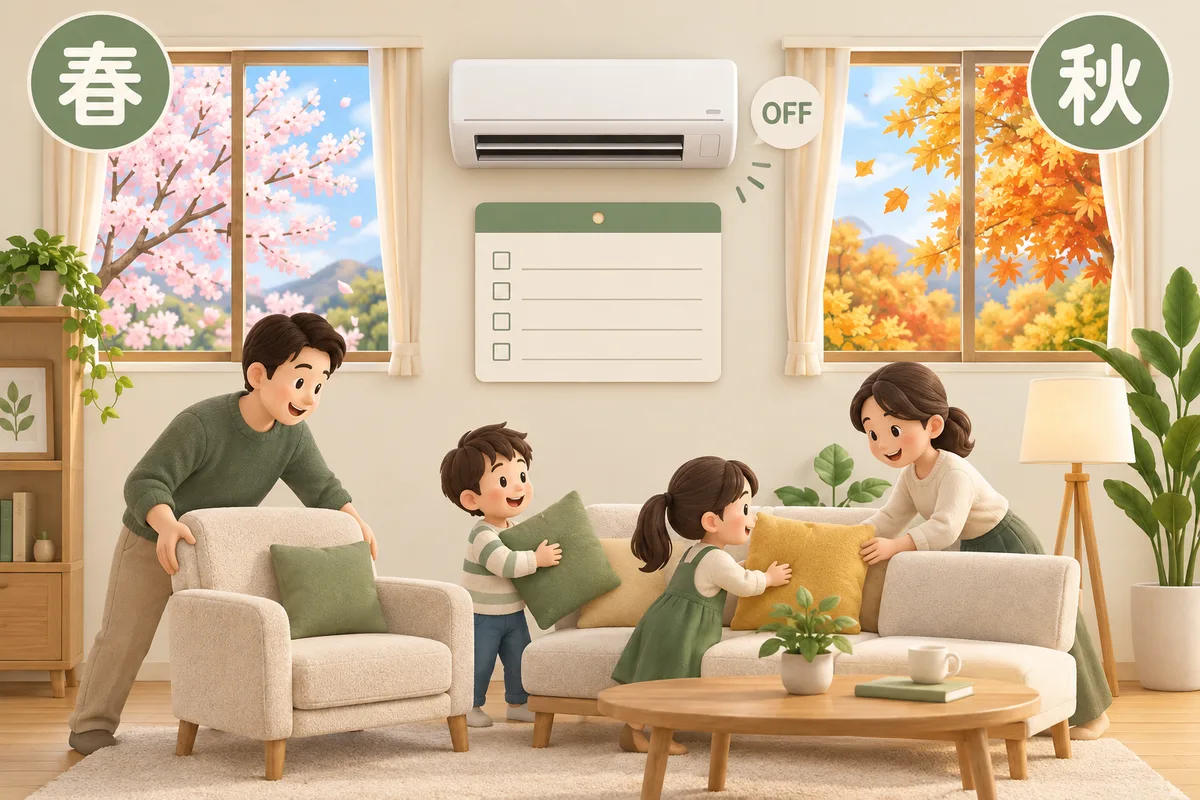 春の冷房準備と秋の使用後確認を、予定表と別々の季節の窓辺で示す図