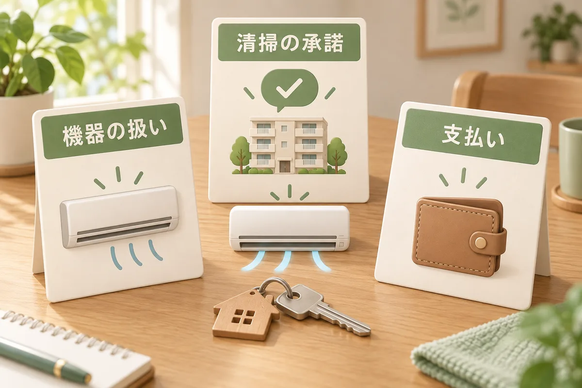 機器の持ち主の確認と清掃承諾、支払い条件を三つの書類に整理した図