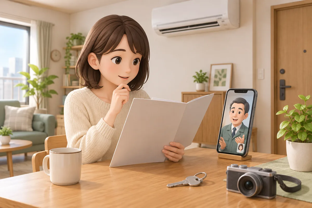 賃貸のエアコンと契約書を確認して管理会社へ相談するイメージ