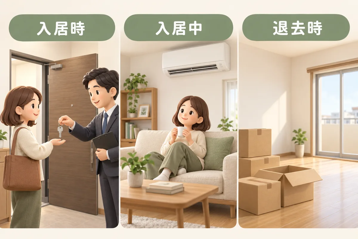 入居時の鍵、生活中の部屋、退去時の箱を時系列で示す図