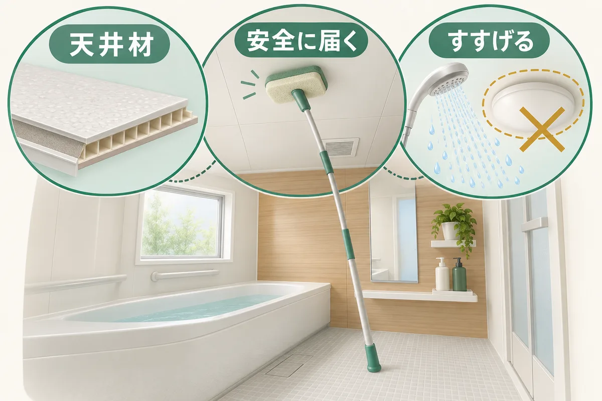 天井材の説明書、床から届く道具、すすぎの条件を三つに分けた図