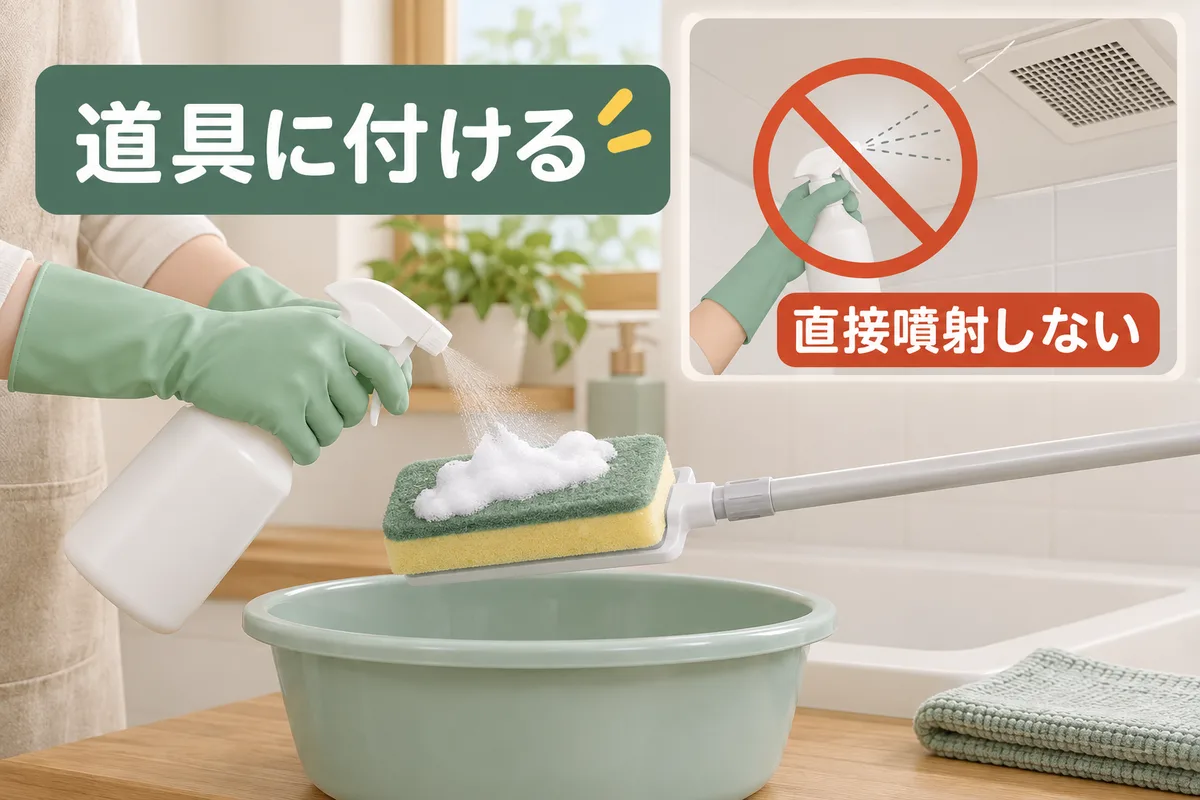 低い位置で柄付きスポンジへ液を付け、天井へ直接噴射しないことを示す図