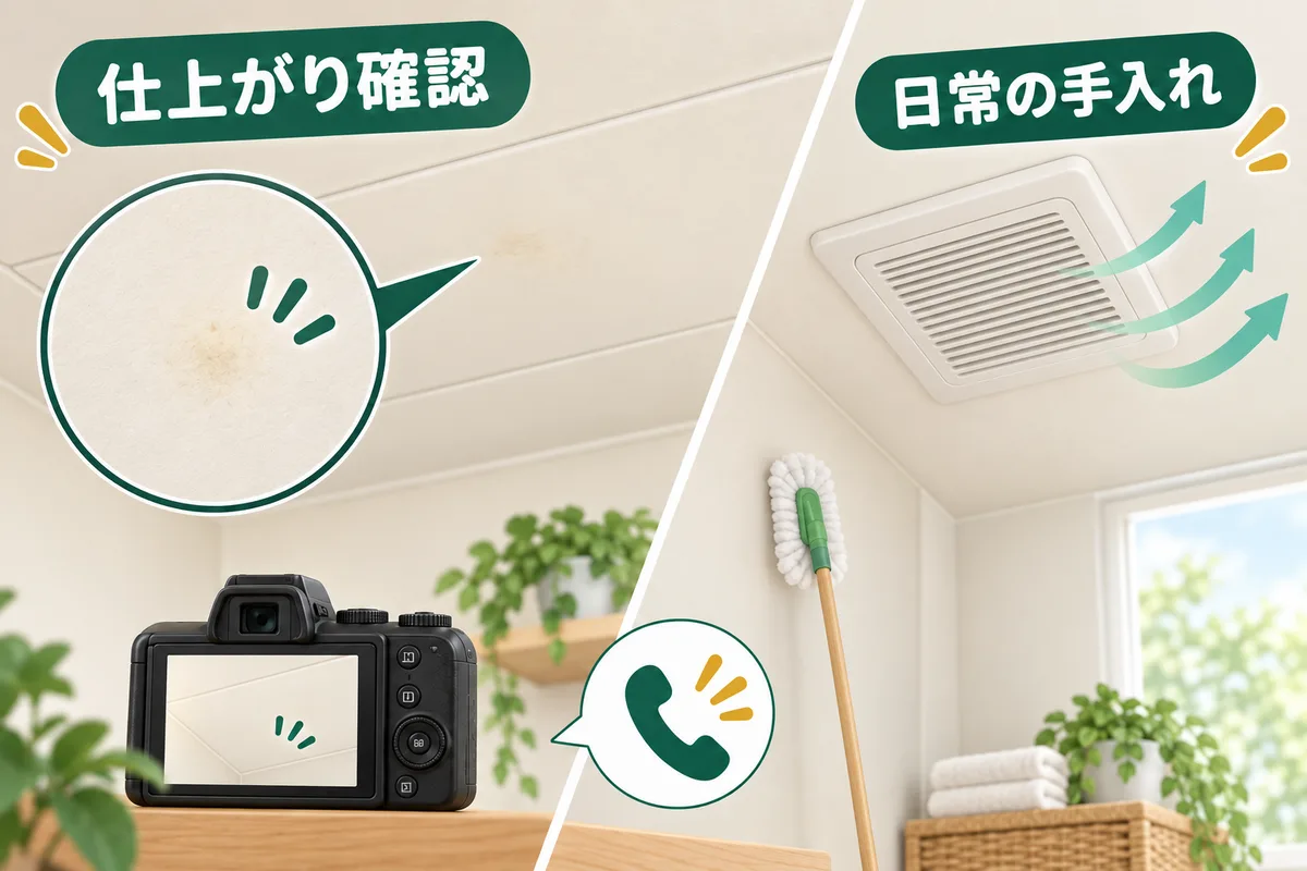 清掃後の天井面の確認と、日常の拭き取り・換気を示した図