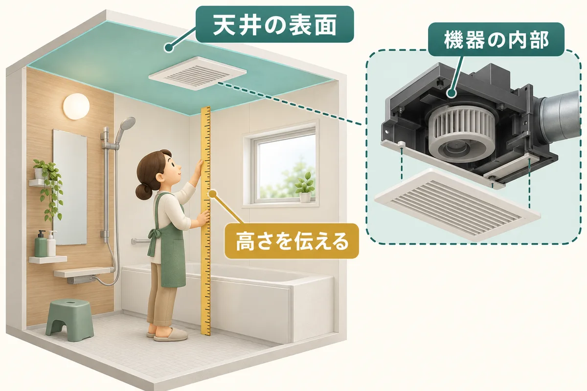 天井表面と換気機器内部を分け、高さと見積もりを確認する図