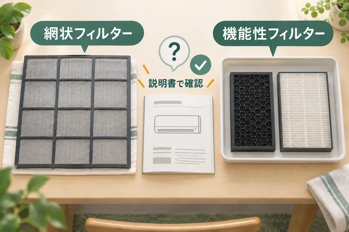 大きな網状フィルターと小さな機能性フィルターを分けて説明書を確認する図