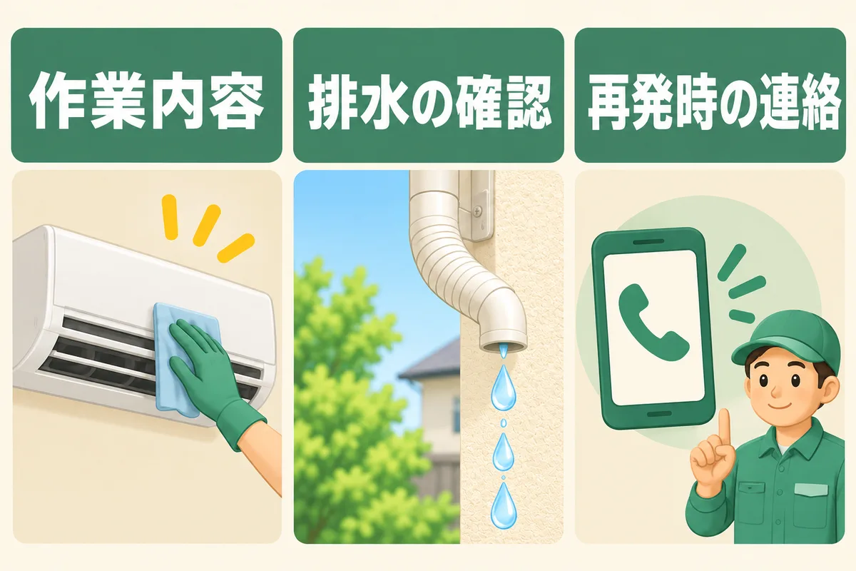 作業報告、試運転の確認、再発時の記録を一続きにした図