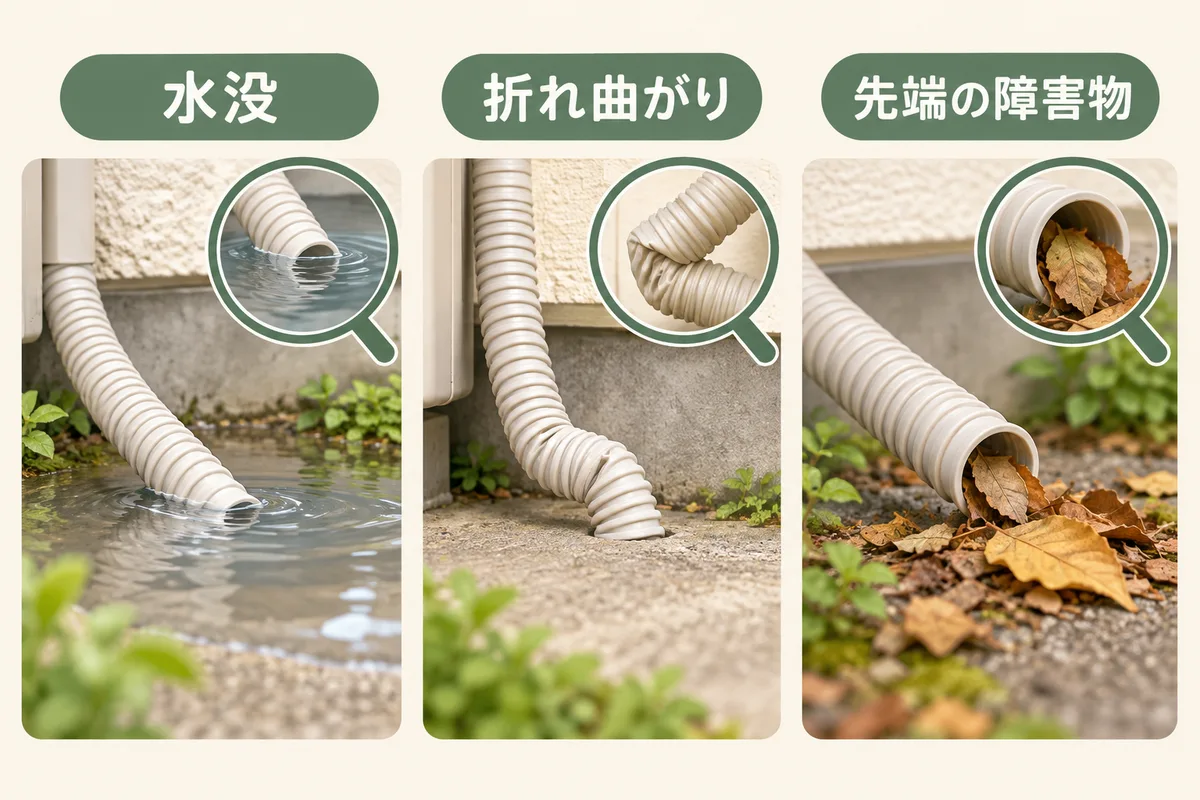 排水ホースの先端が水に浸かる、曲がる、物で塞がる状態を並べた概念図