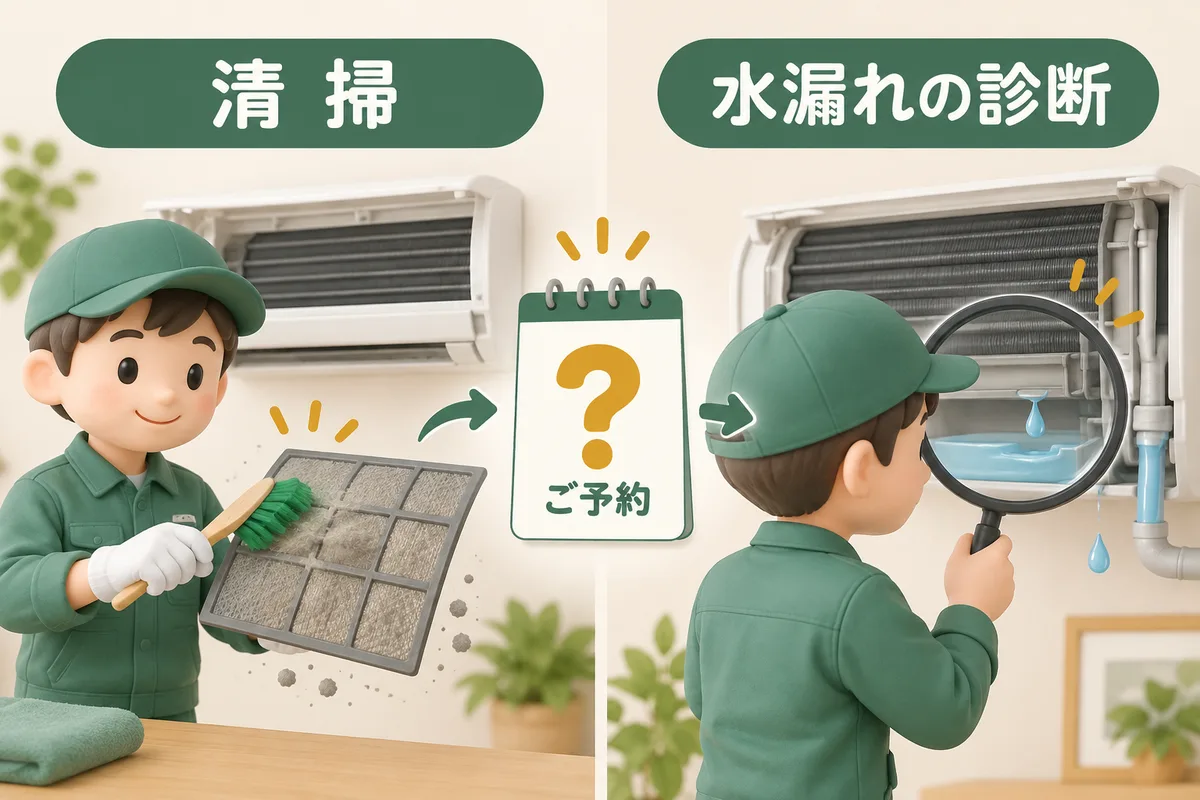 内部清掃と水漏れ診断を別の依頼内容として示す図