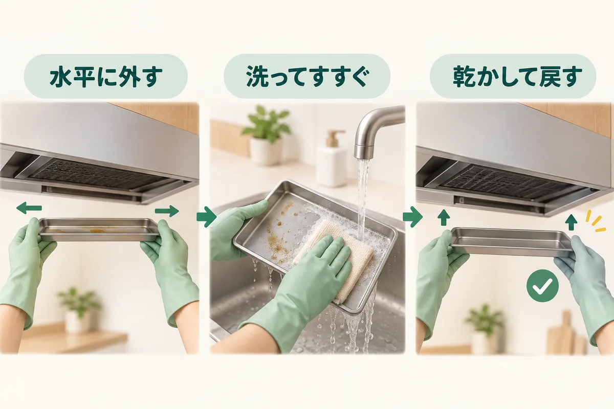 油を拭き取る、洗ってすすぐ、乾かして戻す手順を受け皿で示した図