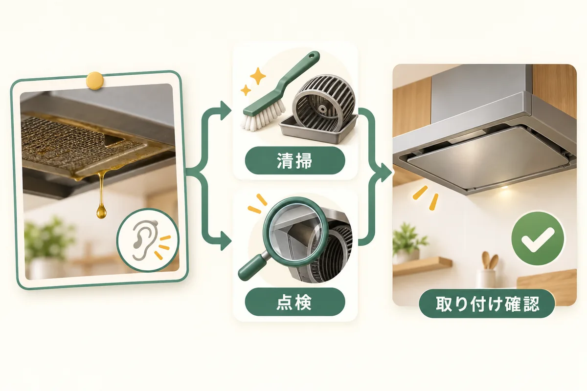 油汚れの清掃と異常時の点検を分け、終了後に固定を確かめる図